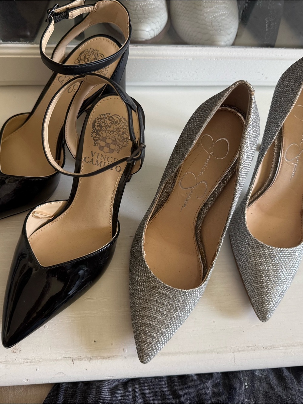 Black Patent Ankle-Strap Heels  & Silver diamond HEELS ** Today only ***